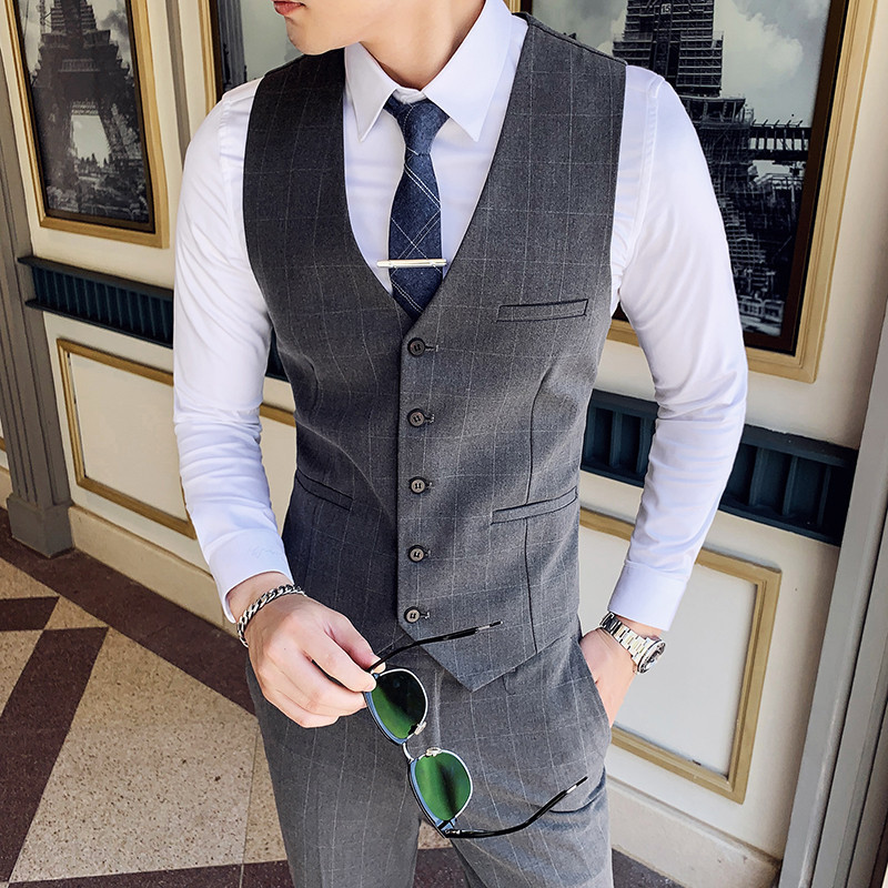 Young Men's Plaid Vest Slim Fit Korean Style Suit Groom Wedding Dress British Style Clothing Men's Vest Young Men's Plaid Vest Slim Fit Korean Style Suit Groom Wedding Dress British Style Clothing Men's Vest