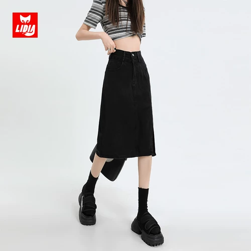 Черная летняя приталенная джинсовая юбка, высокая талия, А-силуэт