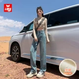 Синие джинсы, зимние флисовые штаны, высокая талия, подходит для подростков, свободный прямой крой