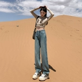 Синие джинсы, зимние флисовые штаны, высокая талия, подходит для подростков, свободный прямой крой