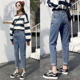 Штаны, весенние джинсы, высокая талия, в американском стиле, свободный прямой крой