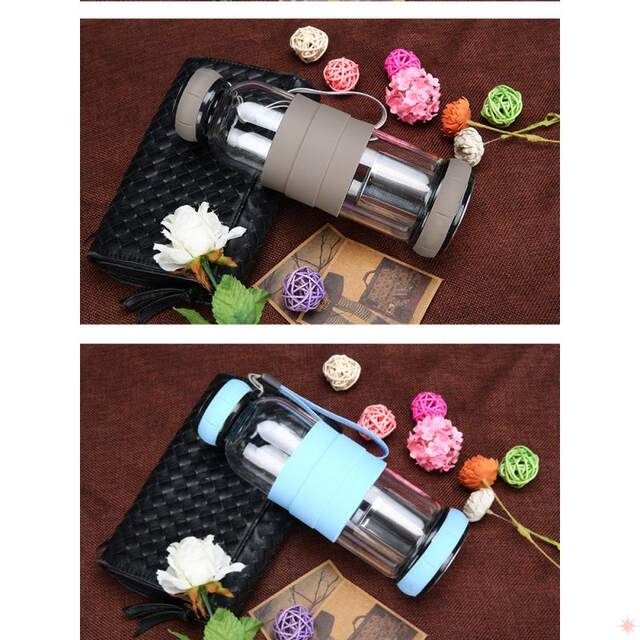 Stainless Steel Tea and Water Separation Cup, Portable Single/Double-Layer Glass Water Cup, Fresh Multi-Color Glass Cup with Carrying Strap, Cute