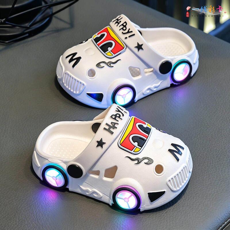 Boys' Summer Slippers with Car Design, Light-Up, Non-Slip, Soft Sole, Suitable for Small, Medium, and Large Children, Bathroom Slippers for Girls, Beach Sandals