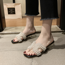 Fairy style high heel slippers women wear outside 2021 summer new gentle wind Pearl transparent crystal heel sandals