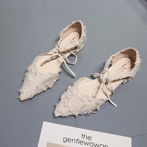 Lace-up low-heel flat-bottom womens single shoes Pointed bowknot womens shoes spring tassel bag head thick-heel single shoes fairy