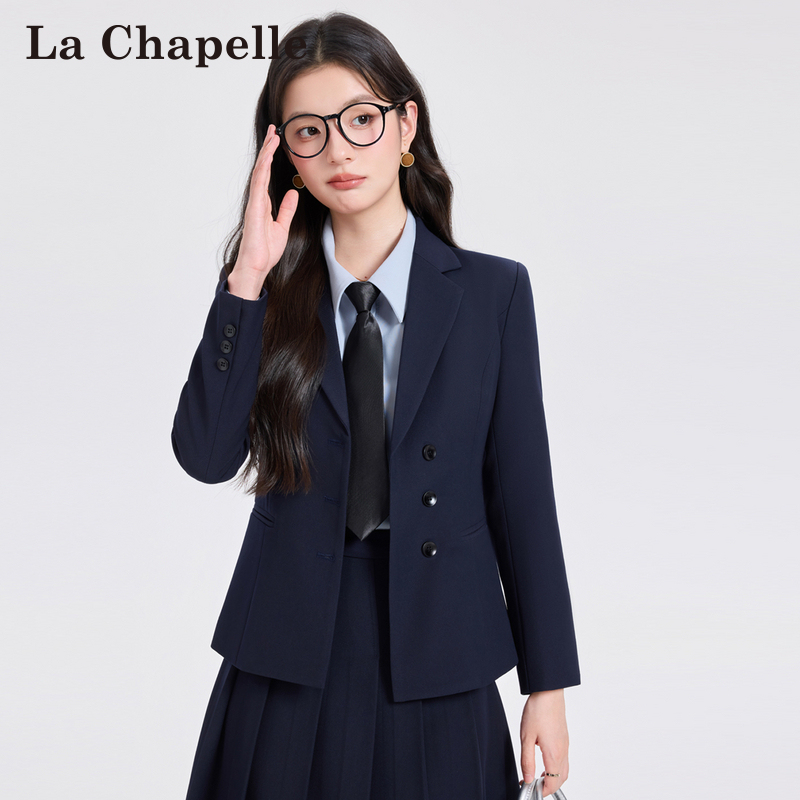 La Chapelle Official Navy Blue Short Blazer for Female College Students Interview Formal Wear Professional Suit Set