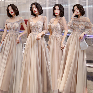 Evening dress prom gown Bridesmaid Dress champagne color fairy temperament medium length simple show sister group evening dress 