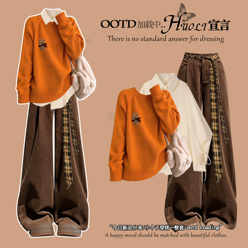Autumn Korean Style Light and Sophisticated Travel Outfit Orange Crew Neck Sweater for Women 2026 Autumn Lazy Style Knitwear