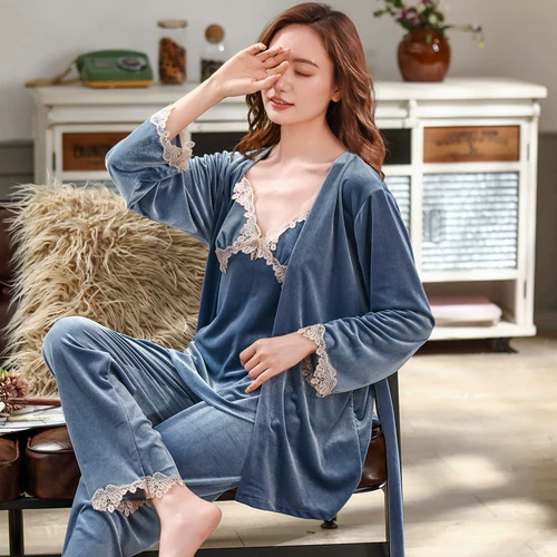 Демисезонная пижама, бархатный лебедь, сексуальный банный халат, лонгслив, комплект, 2023, эффект подтяжки, 3 предмета