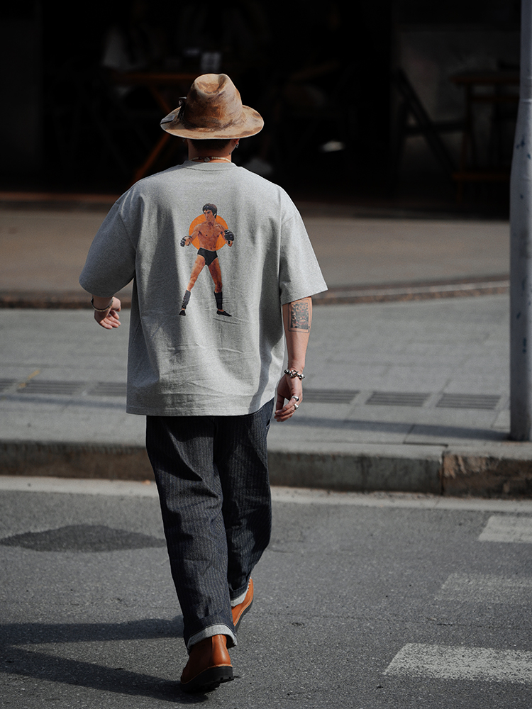 XCCC.COM フィッシュボーンヘビー 330g レトロ ブルース・リー プリント コットン Tシャツ 2608