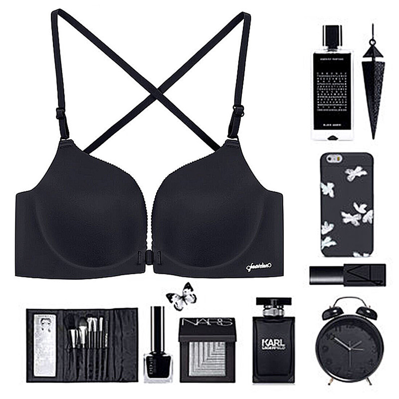 Thin belt front buckle no steel ring bra gathered small chest sexy backless cross straps beautiful back underwear girl thick and thin black