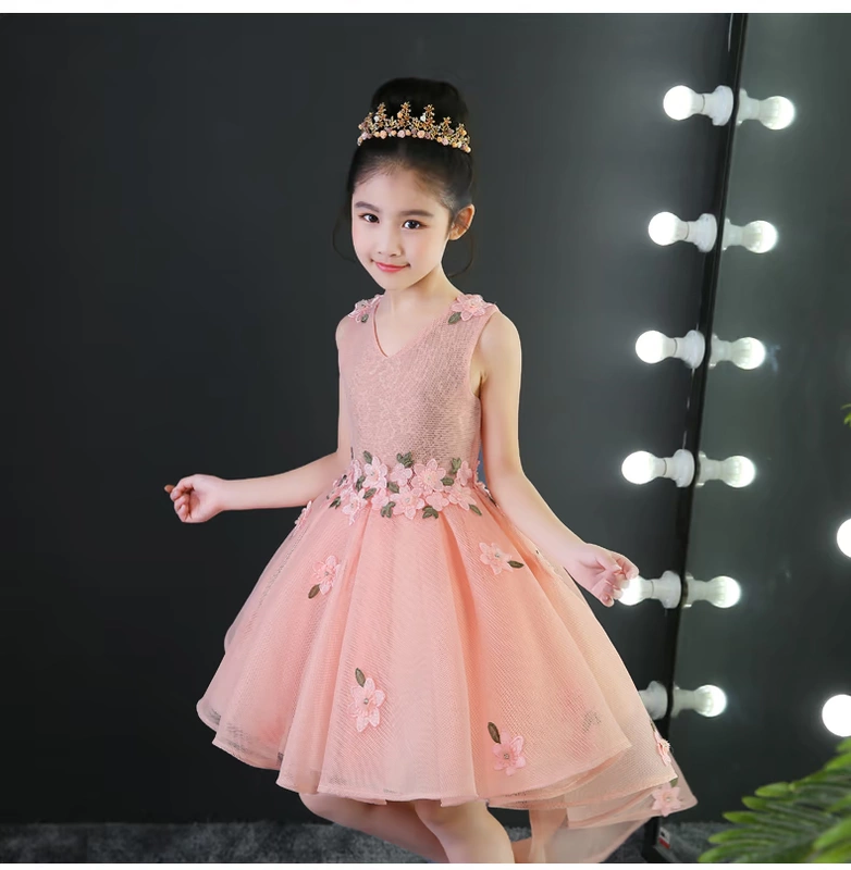 Trẻ em sàn catwalk chương trình ăn mặc cô gái mô hình tổ chức hiệu suất pettiskirt bột công chúa váy hoa cô gái váy cưới mùa hè