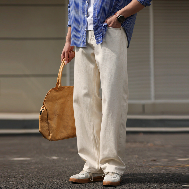 Men's Clothing: Original Cotton Seed Shell White Denim Jeans, Men's Old Money Style Light Luxury Straight-Leg Casual Pants for Spring