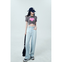 Aunt Barbie Straight Drum Jeans Woman Summer Thin light color High waist ins Smoke Tubes Pants Loose Pituitary Broadlegged Pants