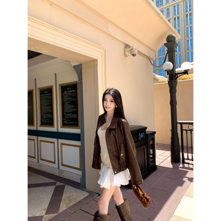 Barb Chill Early Autumn Short Melard Brown Jacket for Women, Cool and Stylish, Retro Versatile Loose Leather Jacket