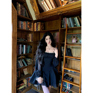 Barb Chill French Retro Style Dress for Women, New Summer Style, Square Neck, Waist-Cinching, Mesh Long-Sleeved Tutu Skirt