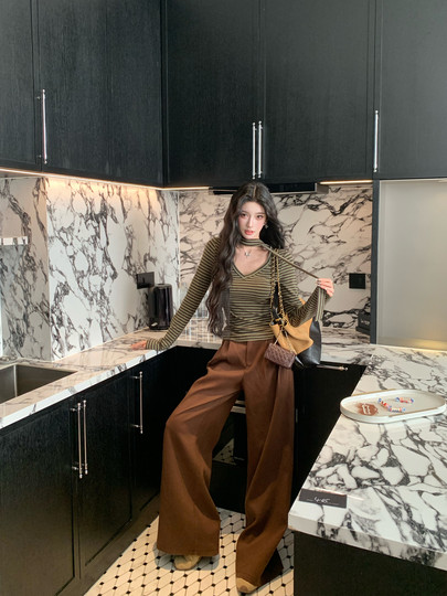 Barb Chill Retro Coffee-Colored Wide-Leg Pants for Women 2025 Winter Old Money Style High-Waisted Slimming Loose Casual Straight Pants