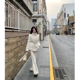 Barb Chill90 White Duck down Quilted down Jacket for Women, Winter Stand-Up Collar, Waist-Cinching Design, Stylish Patchwork Fur Coat