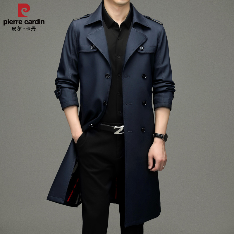 Pierre Cardin Men's Long Trench Coat 2026 Spring and Autumn Season High-End Style Extended Length Over-The-Knee Suit Collar Coat