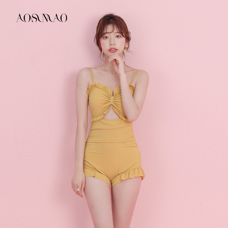 Swimsuit women show thin belly cover 2021 new fairy fan one-piece conservative flat angle two-piece set small chest gathered swimming suit