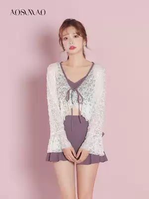 Swimsuit female conservative two-piece student belly thin 2021 new fairy fan three-piece skirt flat corner swimsuit