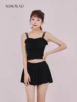 Swimsuit women's summer two-piece 2021 new thin belly cover fairy fan small chest gathered conservative skirt three-piece swimsuit