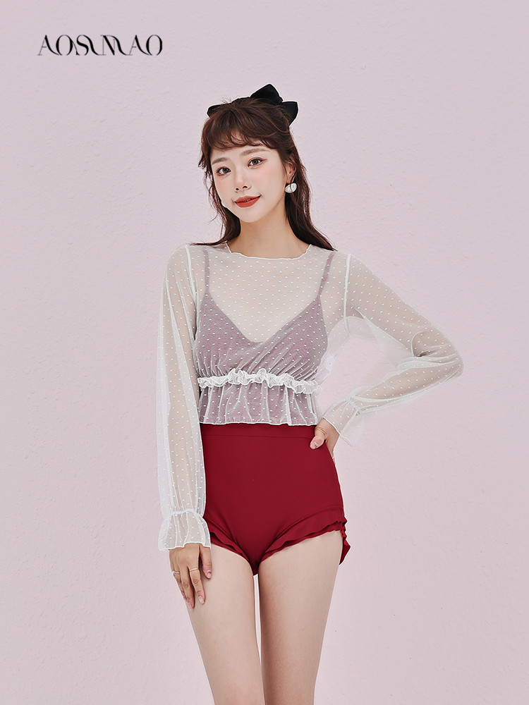 One-piece swimsuit women's conservative thin belly cover Korea ins2021 new long-sleeved three-piece skirt swimsuit women