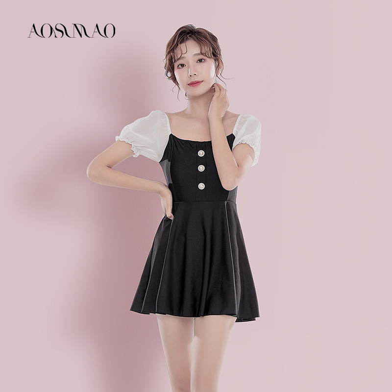 Connected swimsuit female fairy conservative thin, thin breast gathered black student dress flat swimsuit