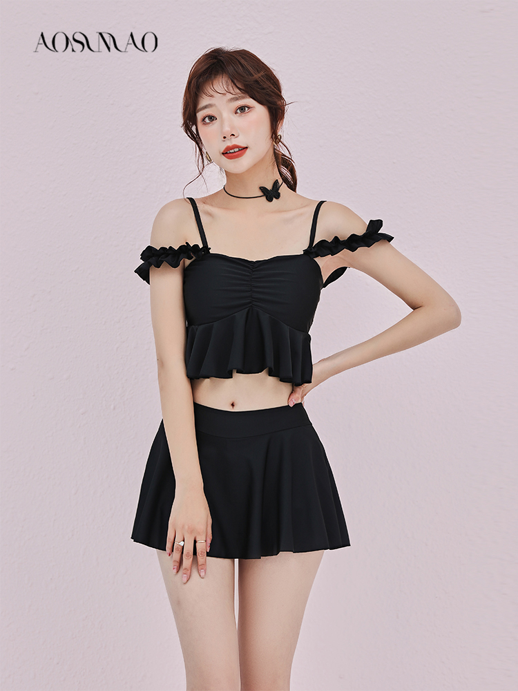 Two-piece swimsuit women cover belly thin fairy fan conservative small chest gathered 2021 new skirt cute girl swimsuit