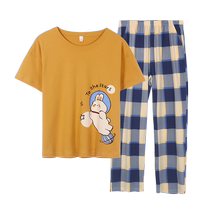Pajamas for women summer short-sleeved trousers Korean style plaid cartoon cute two-piece summer girl home wear thin set