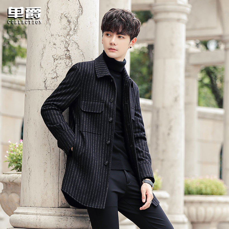 Autumn and winter wool The long version of the Korean version of the Korean version of the male streaks is thickened and the two-sided cashmere jacket