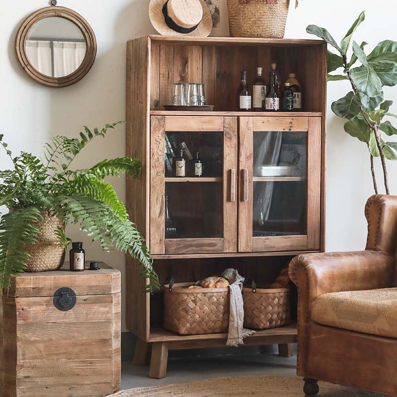 Left Bank Mata American Countryside Log Art Double Door Glass Cabinet Living Room Containing Cabinet Leaning Against Wall Retro to do old