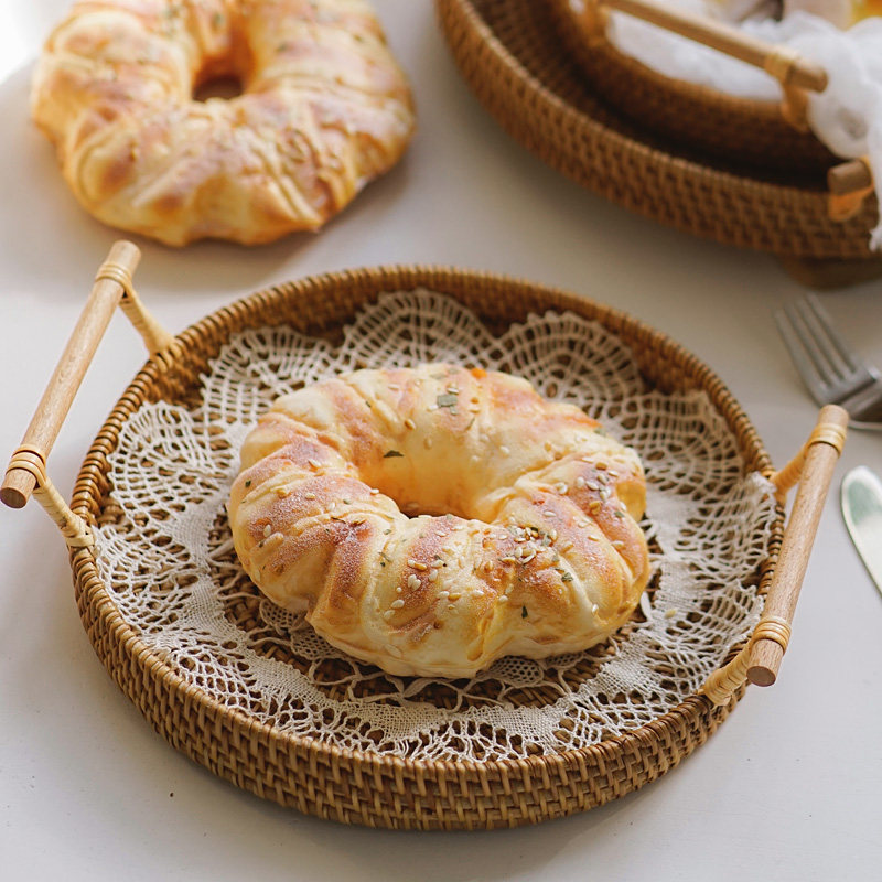 Japan-style Vietnamese rattan chic-set round-ear fruit pan tea tray tea tray Silent Wind Tea Table Decoration Pendulum gourmet Gourmet Photography Props