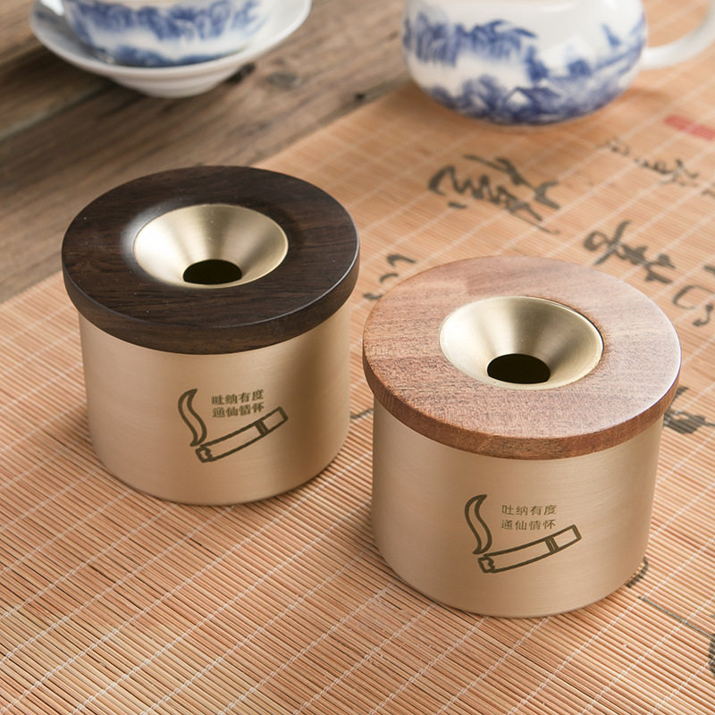 Pure copper black sandalwood minimalist with lid anti-flying ash smoke cylinder Creative retro living room Home brass Smoke Ash Tray