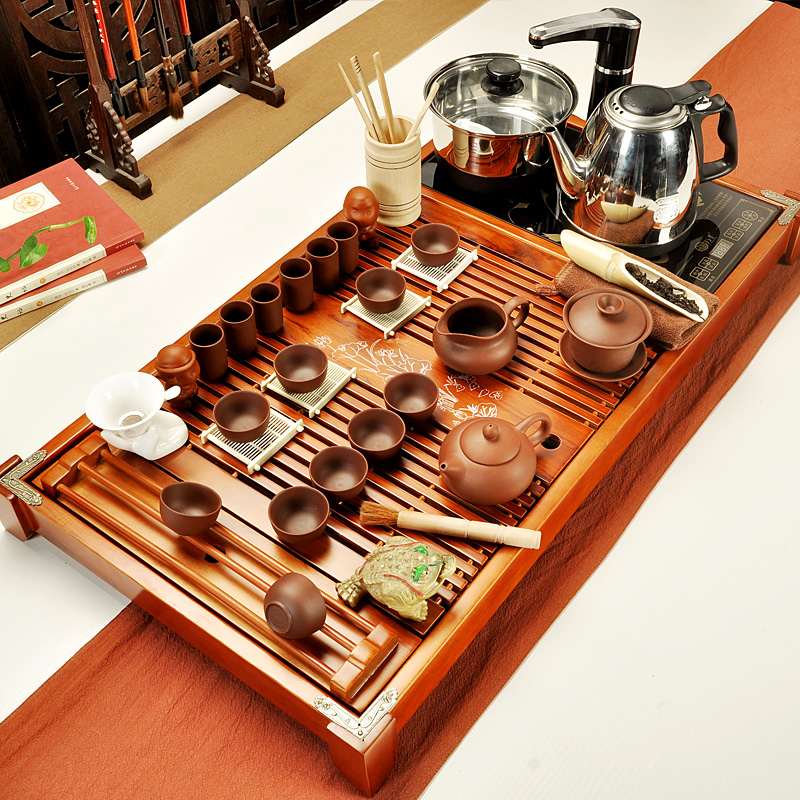 All flourishing tea set suits for Chinese style household ceramics kung fu tea tea set a complete set of four solid wood tea tray