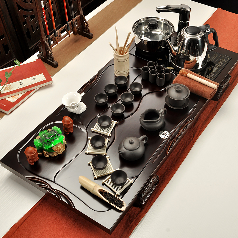 All flourishing tea set suits for Chinese style household ceramics kung fu tea tea set a complete set of four solid wood tea tray