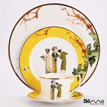 Tang Dynasty womens picture dinner plate Ming yellow modern grid ceramic Western food plate new Chinese classical model room tableware plate hot sale