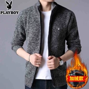 Playboy Men Dệt kim Zipper Zipper Cổ áo cardigan Áo len mùa đông Hàn Quốc Cộng với áo khoác nhung dày