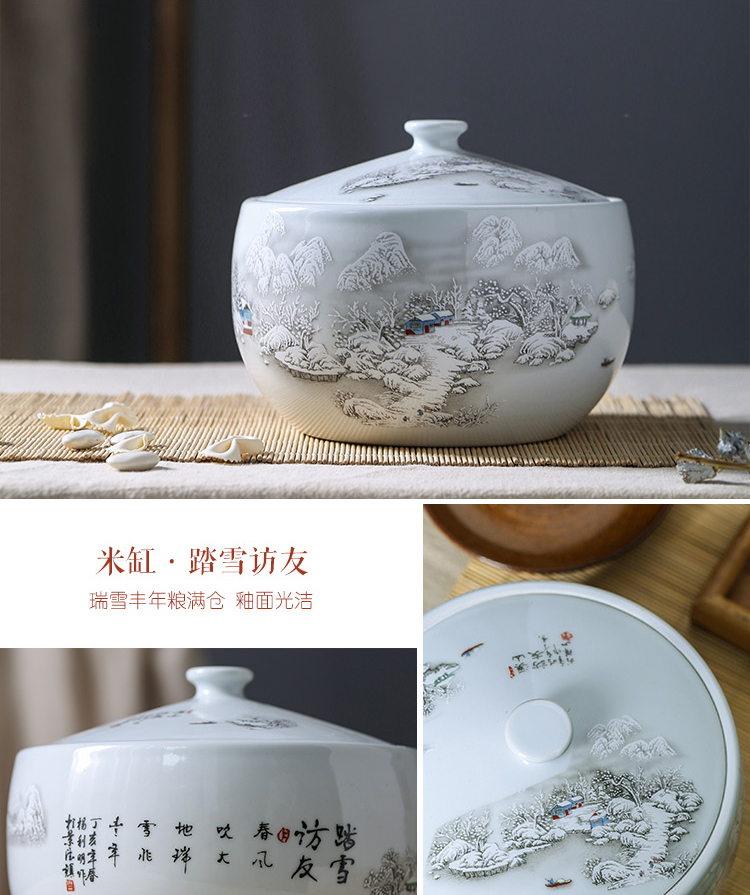 Jingdezhen ceramic barrel with cover household ricer box insect - resistant seal storage tank cylinder 5 jins of 10 jins 20 jins