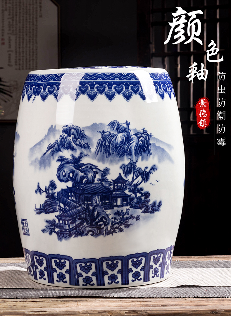 Jingdezhen ceramic barrel rice bucket 50 jins home 20 jins of blue and white porcelain with cover seal insect - resistant moistureproof tank