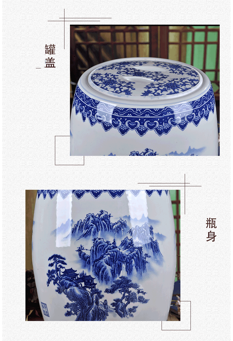 Jingdezhen ceramic barrel rice bucket 50 jins home 20 jins of blue and white porcelain with cover seal insect - resistant moistureproof tank