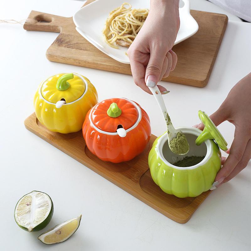 Kitchen flavor pot three - piece combination with ceramic jar with cover household creative individual salt shaker spice jar