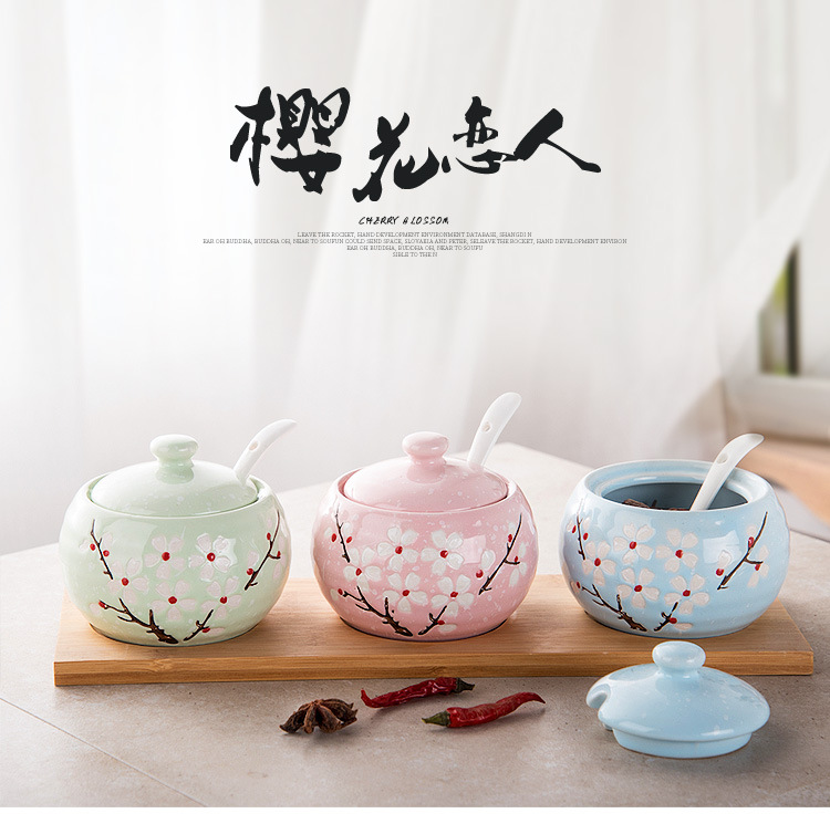Ceramic seasoning as cans Japanese - style condiment container suits for seasoning box seasoning box salt seasoning bottles household three - piece suit