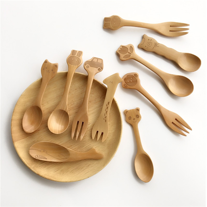 YU Time Days Style Creativity Cute Cartoon Animal Children Baby Ice Cream Sweet Rice Burnt Spoon Solid Wood Spoon