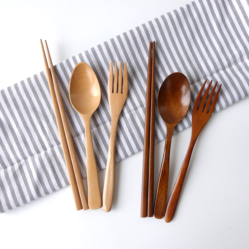 Wooden spoon Japanese solid wooden spoon chopsticks Fork set Student portable travel tableware Personality wooden spoon Eating spoon chopsticks