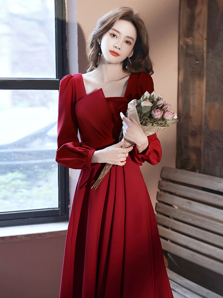 Burgundy spring evening dress, 2021 collection, long sleeve