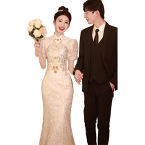 Chinese cheongsam toasting dress bride 2024 fishtail back door engagement dress high-end light luxury niche flash high-end sense