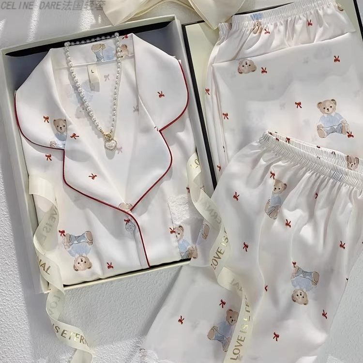 Spring and Summer Bear Print Lapel Cardigan Silk Pajamas Women's Long Pants Can Be Worn Outside Cool Home Wear Set