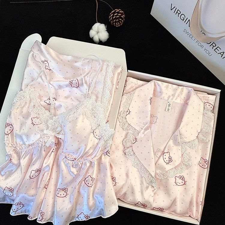 French-Style Silk Kitty Cute Pajamas for Women with Chest Pads, Pure Silk Nightgown, Mulberry Silk Loungewear Gift Set of Four Pieces French-Style Silk Kitty Cute Pajamas for Women with Chest Pads, Pure Silk Nightgown, Mulberry Silk Loungewear Gift Set of Four Pieces