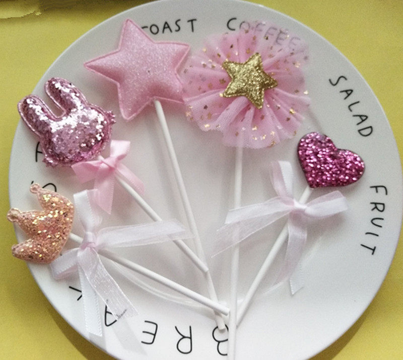 Cake decoration Shining stars love Rabbit Ears Party decoration plug-in Lace bow Dessert table plug-in